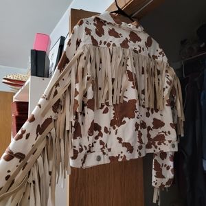 Cow print fringe Jean jacket